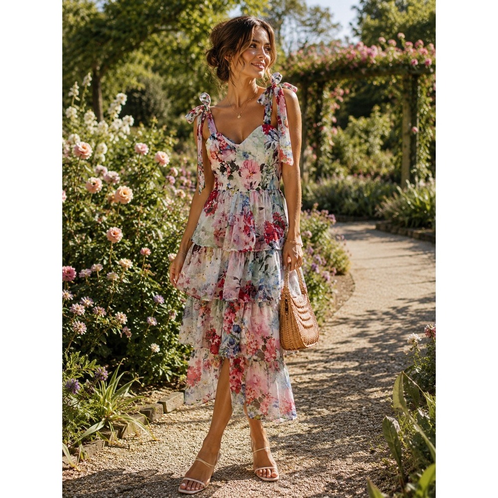 Lulu's White Floral Tie-Shoulder Tiered Midi Dress